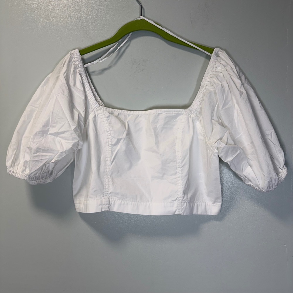 Aerie White Puff‎ Sleeve Smocked Back Crop Top Square Neck Cotton Blouse Large